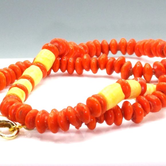 Antique Rondelle and Bone Bead Necklace Orange Glass Choker Length Ethnic Tribal - Picture 3 of 3